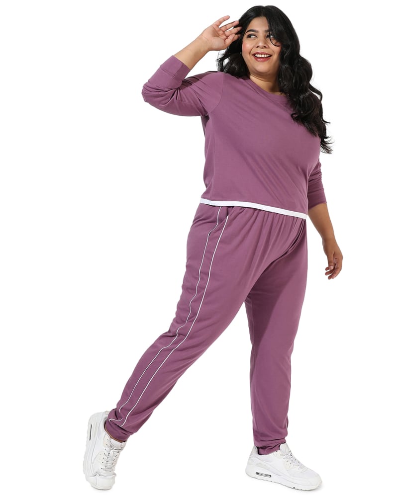 Front of a model wearing a size 3XL Solid Lilac 3/4 Sleeve Co-ords set with Trouser in Lilac by Instafab Plus. | dia_product_style_image_id:298094